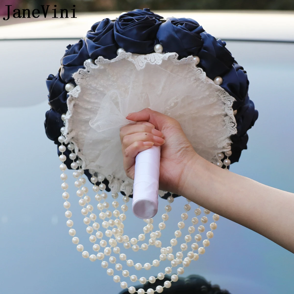 JaneVini Темно-синий жемчужный букет для невесты Цветочная лента Розы Водопад