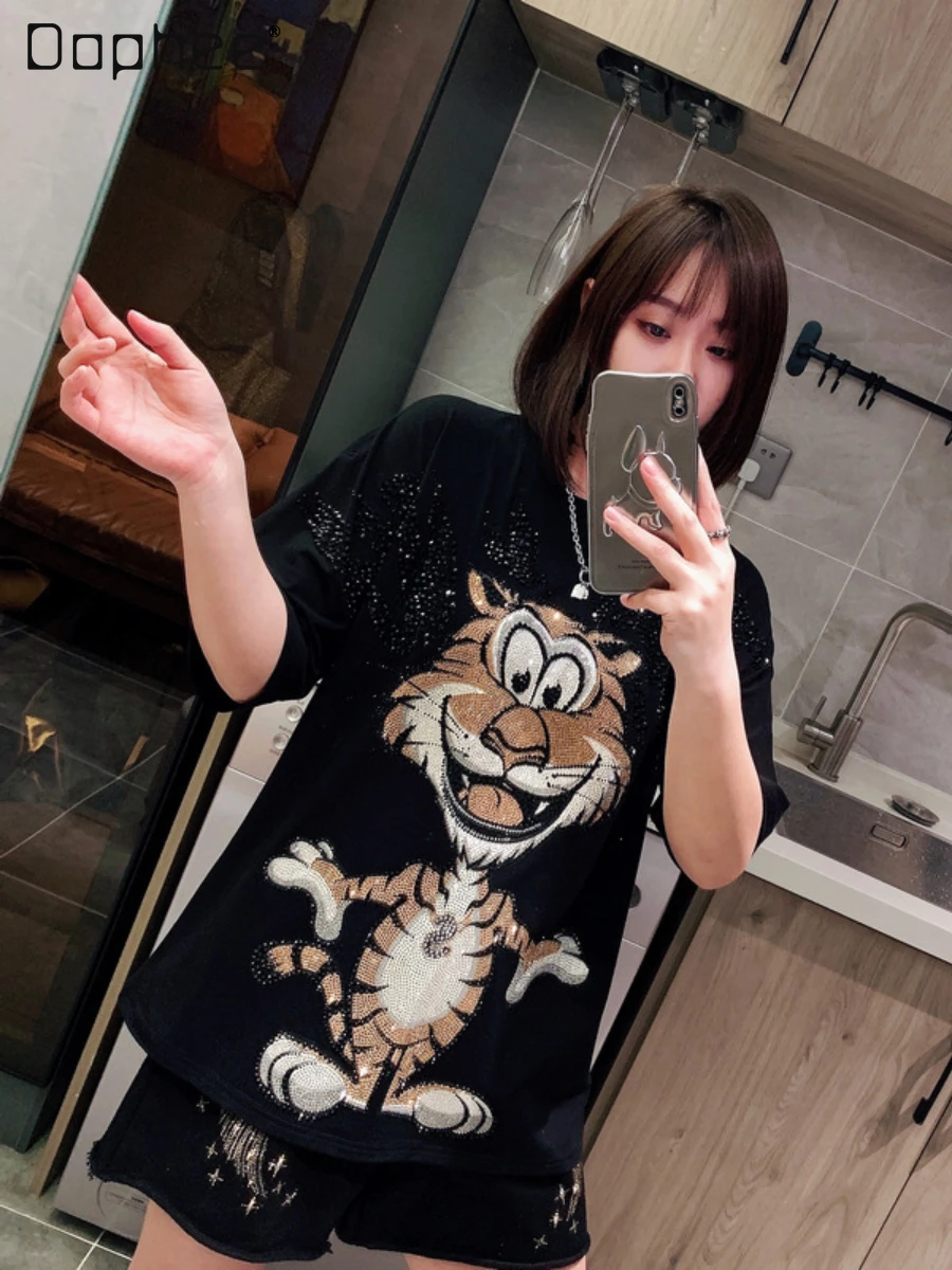 Pullover T-shirt Female Tiger Cartoon Wings Rhinestone Heavy Industry Short Sleeve Tshirt Women Street Cool Handsome Black Tee