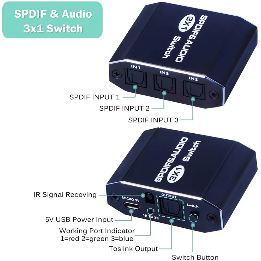 Алюминиевый сплав Spdif Toslink 3 в 1 оптический цифровой аудио сплиттер 3x1 SPDIF кабель