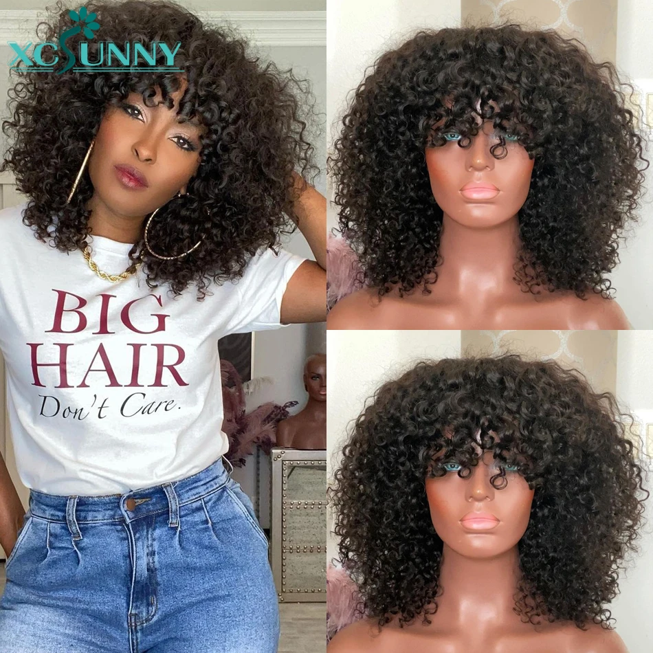 Human Hair Wigs With Bangs Short Curly Wig Full Machine Made Wig Remy Brazilian Hair Loose Wave Wig Xcsunny