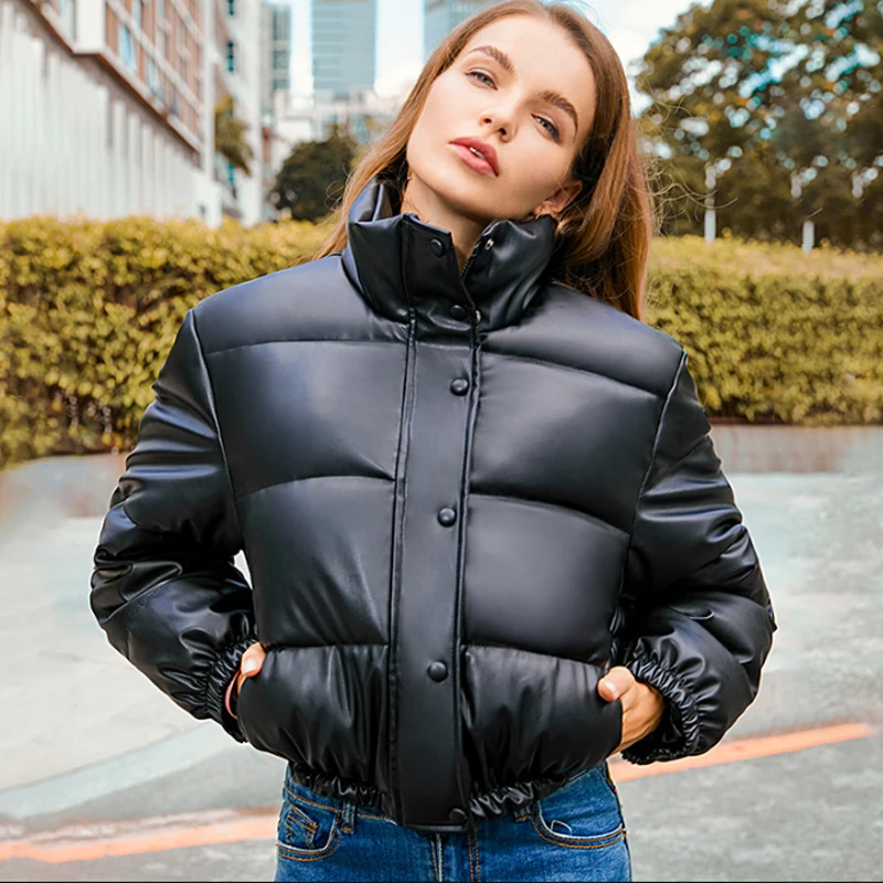 Warm Thick PU Leather Women Short Parkas Lady Down Jacket Elegant Zipper Winter Y2k Fashion Streetwear Cotton Padded Coats 2022