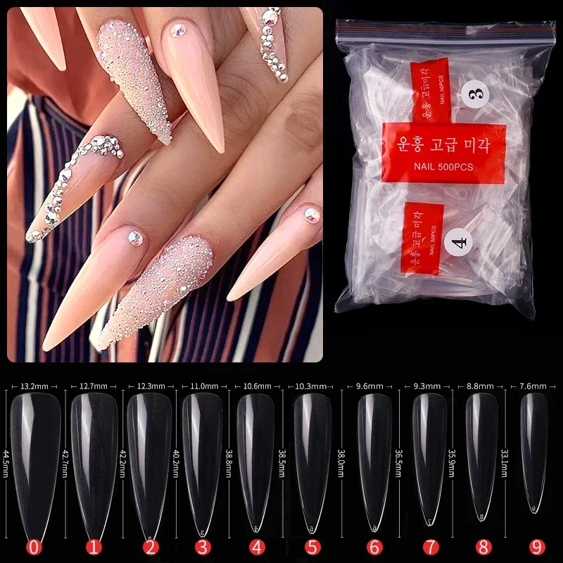 

500 pcs/set Stiletto False Nail Tips Clear/Natural Full Cover Pointy Fake Fingernails Polish Nail Art Decoration Fake Nails