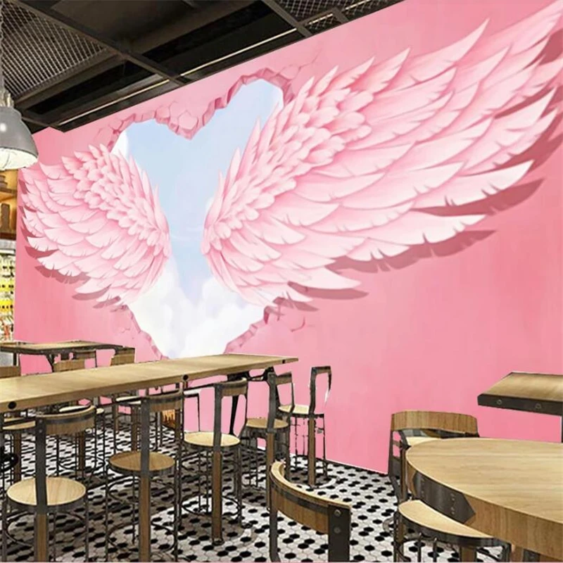 Custom mural papel de parede Retro 3D pink love angel wings tooling background large green Self Adhesive wallpaper Waterproof |