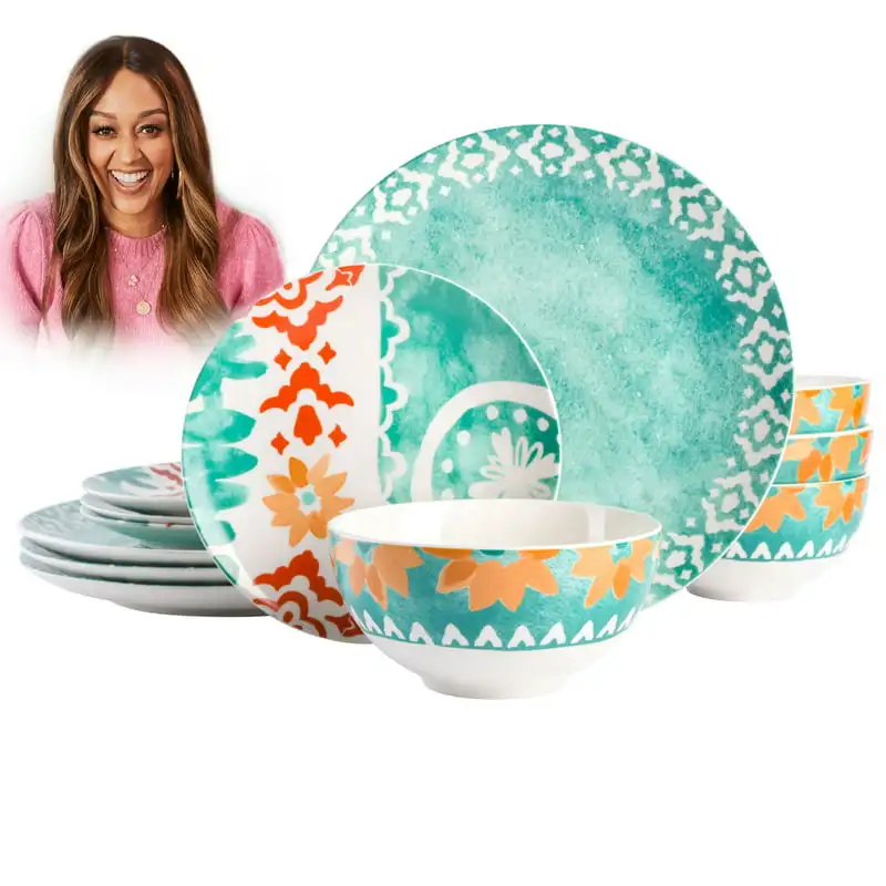 

Lovely 12-Piece Teal Ceramic Dinnerware Set with Fine Saffron Accents - Perfect for Any Special Occasion!