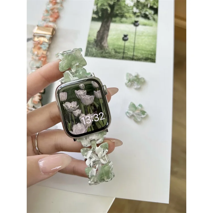 

Summer Gift - Butterfly Luxury Women Ladies Watch Strap for Watch Series 7 6 SE iWatch 7 Strap 41mm 45mm Resin Chains Metal Band