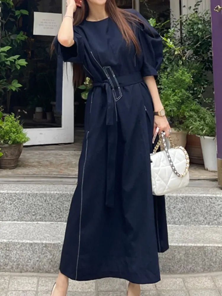 

Casual O-neck Hollow-out Women Dress Half Sleeve High Waist Lace-up Female A-line Dress 2022 Spring Mid-Length Vestidos
