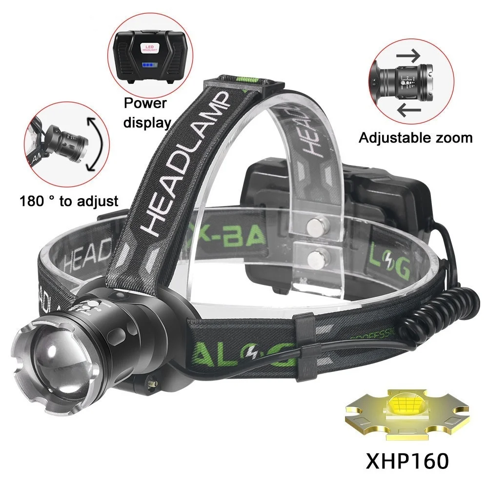 

Powerful LED Flashlight XHP160 Super Bright Outdoor Headlight USB Rechargeable Zoom Waterproof Light Fishing Camping Headlamp