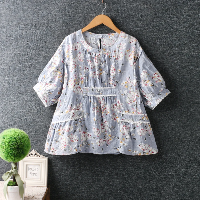 

Летний новый женский небольшой свежий круглый вырез короткий рукав топ с принтом Свободная рубашка