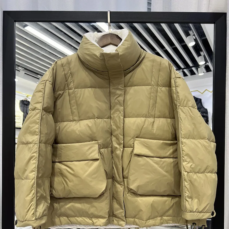 2022 New Winter Down Jacket Women's Large Pocket Loose Fashion Contrast Color Bread Coat Warm White Down Jacket for Women