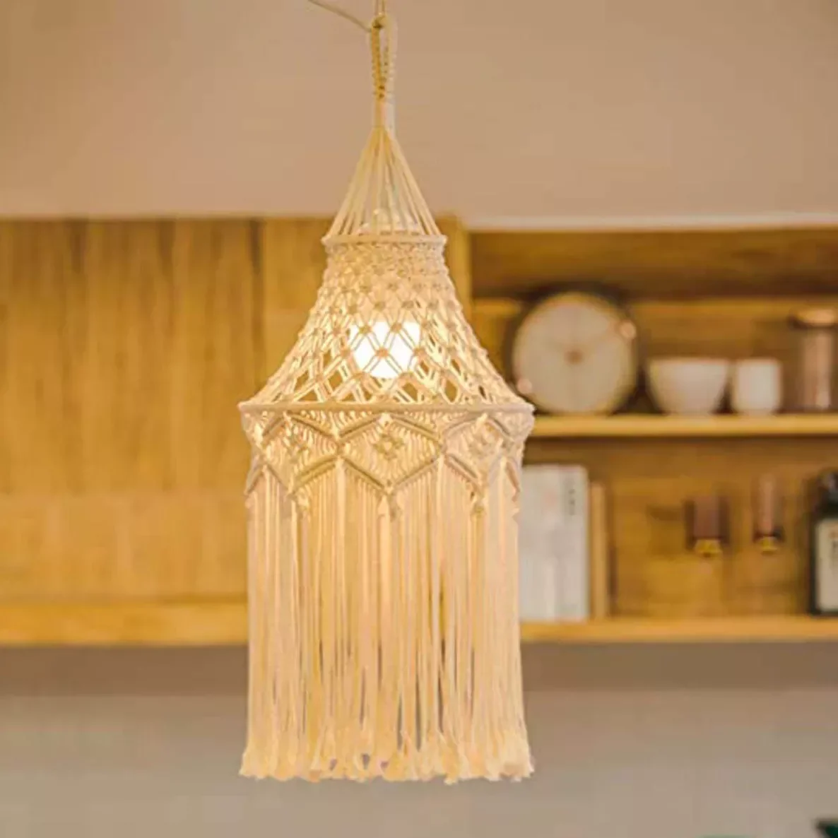 

Home Boho Decor Handmade Macrame Light Shade Chandeliers Hanging Lamp Cover Light Cover Macrame Geometric cotton Woven Tapestry