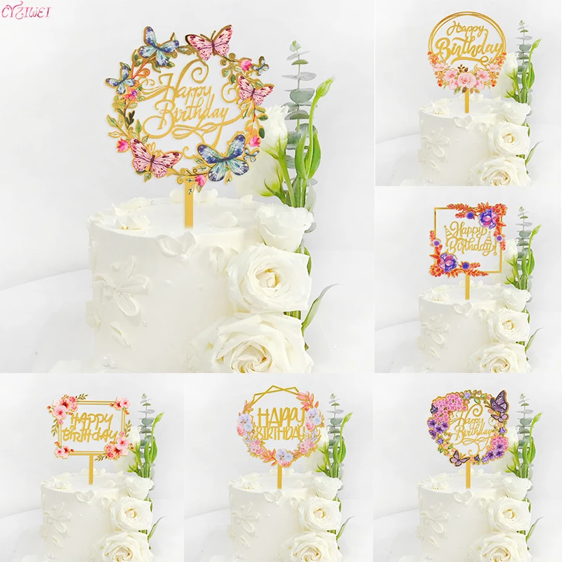 

Butterfly Flowers Cake Topper Birthday Party Cake Decorating Tools Happy Birthday Acrylic Cake Decor Girl Baking Dessert Decor