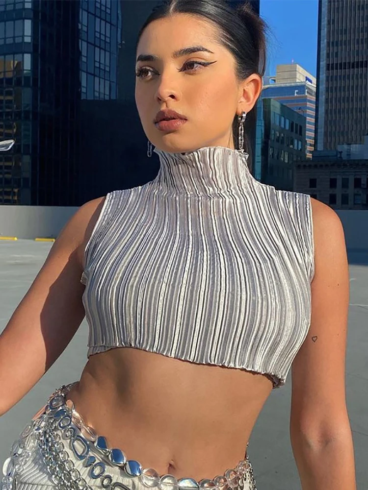 

Taruxy High Neck Ruffles Tank Tops Women Summer Sleeveless Slim Streetwear Tops Femme T Shirts Skinny Y2K Tops Clothes