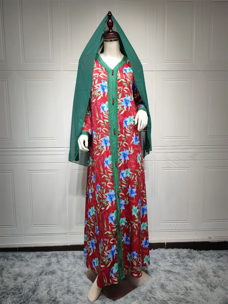 Vintage Muslim Dubai Turkey Abaya Floral Embroidery Guipure Lace Kaftan Dress Spring Long Sleeve Printed Maxi Dress Ramadan