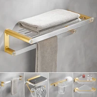 brushed gold metal bathroom towel rack wall mounted acrylic easy clean phone holder fashion bathroom accessories set