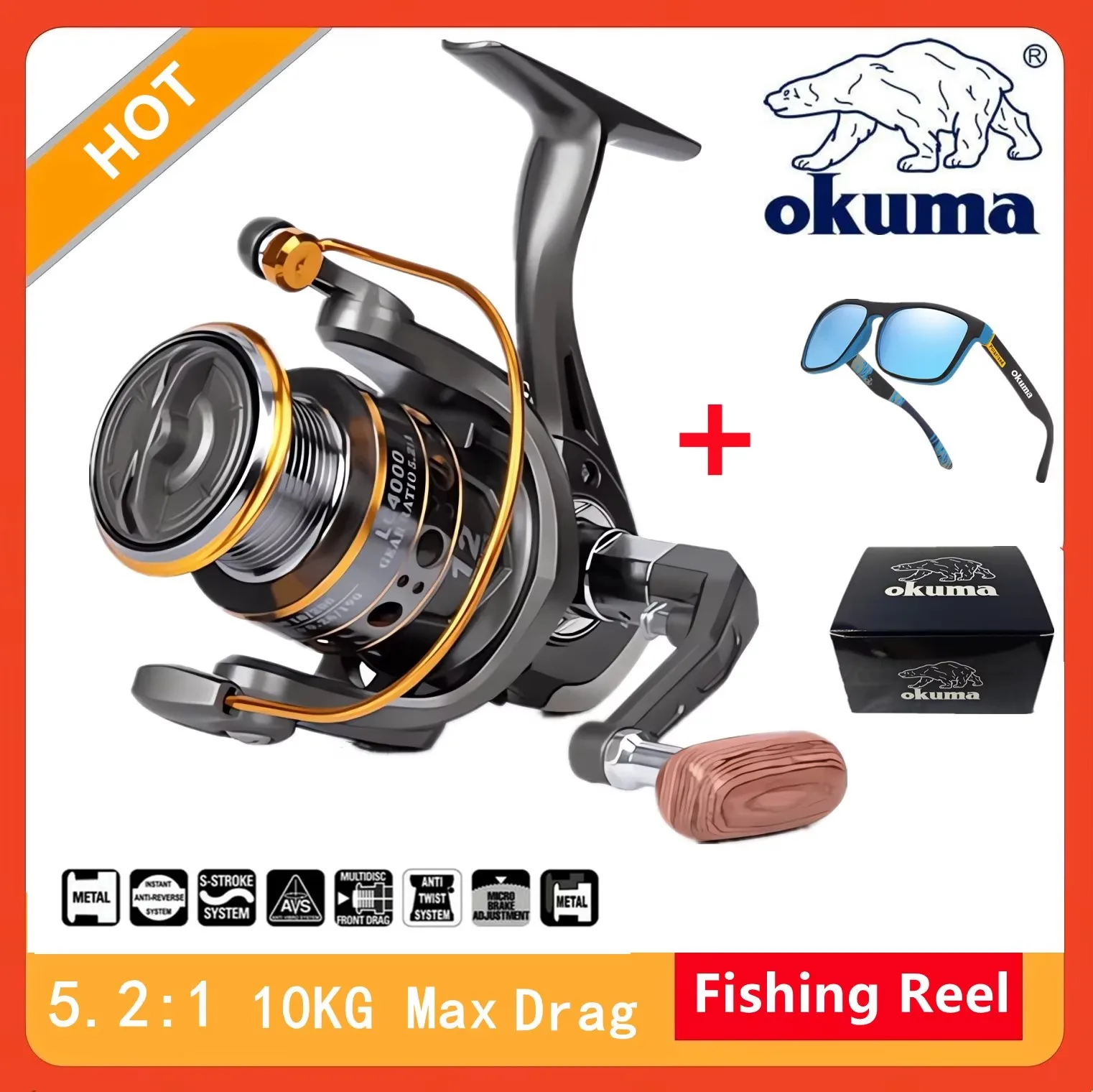 Фото Высокоскоростная рыболовная спиннинговая катушка Okuma 5.2:1, антикоррозийная, для морской и пресной воды, с передним и задним фрикционом, нагрузка до 10 кг №1