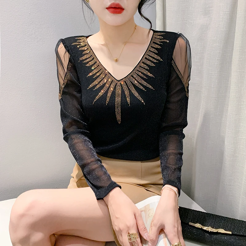 

Женская Сетчатая футболка с V-образным вырезом и длинным рукавом