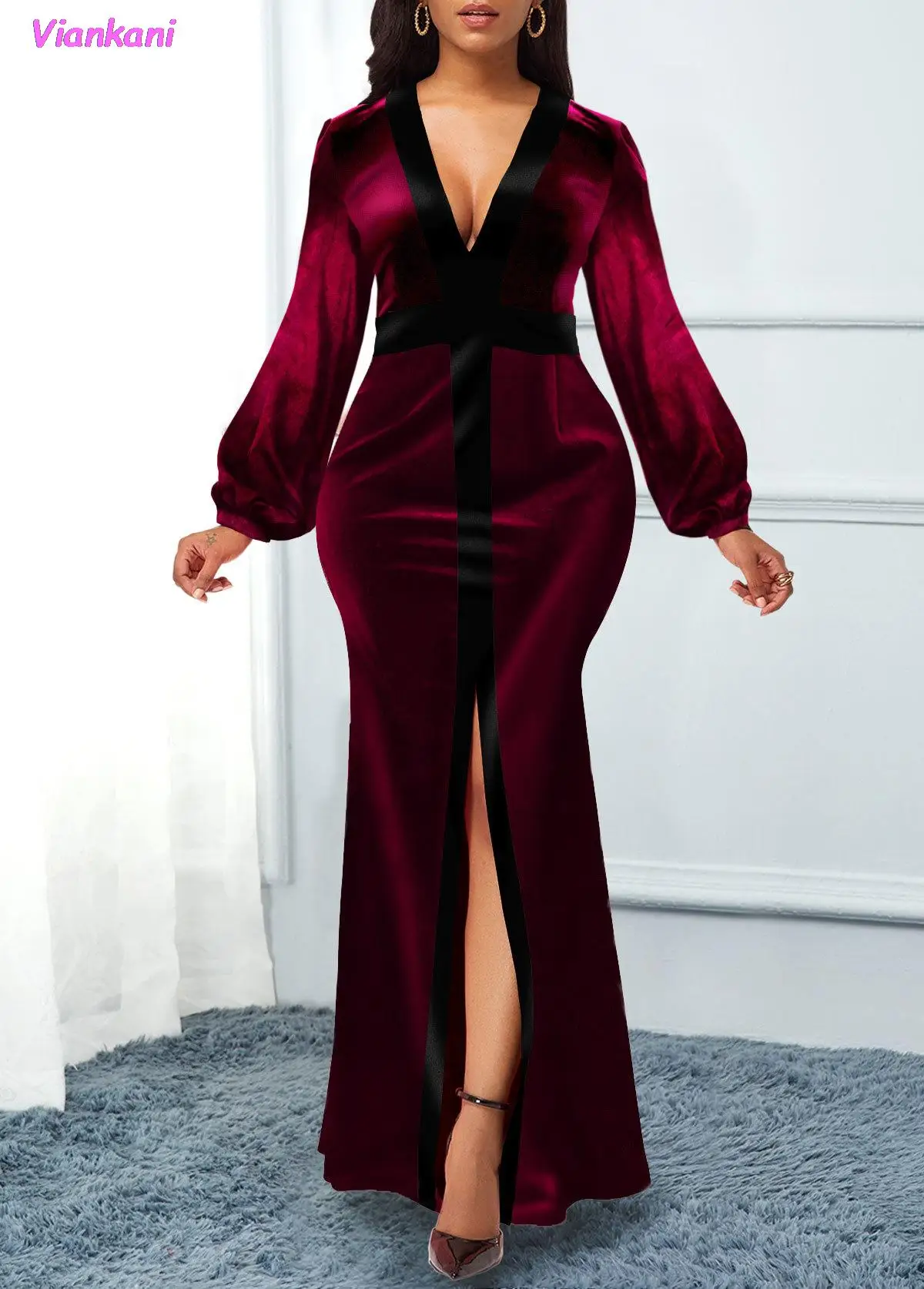 

Elegant Women Party Dress Slim Bodycon Sexy Dresses 2021 V-neck Long Sleeve Spring Autumn Dinner Women's Maxi Dress Feminina