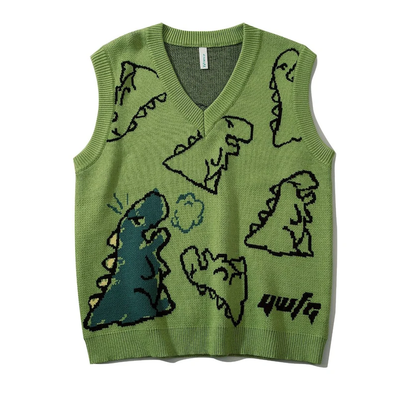 

Harajuku Knitted Vest Men Cartoon Dinosaur V-neck Sleeveless Pullovers Causal Loosed Wool Unisex Knitwear 2022 Streetwear Winter