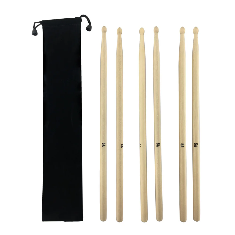 

3pairs 5A Drum Stick Wooden Drum Stick Musical Instrument Accessories with Stick Bag Lightweight Wood Drum Sticks Anti-slip Grip