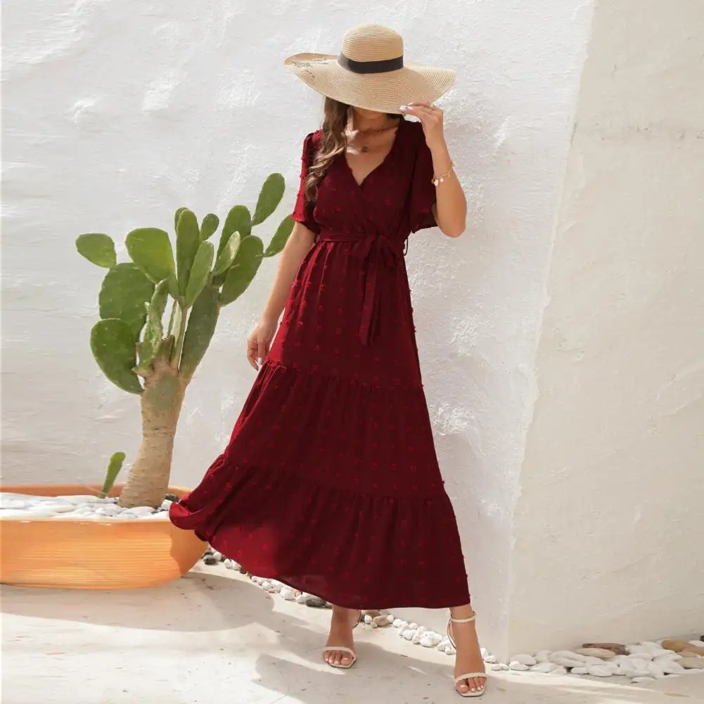 

Women Dress Belt Design Hairball V-neck Lady Dress Elegant Short Sleeves High Waist Women Casual Mid Length Dress Daily Wear