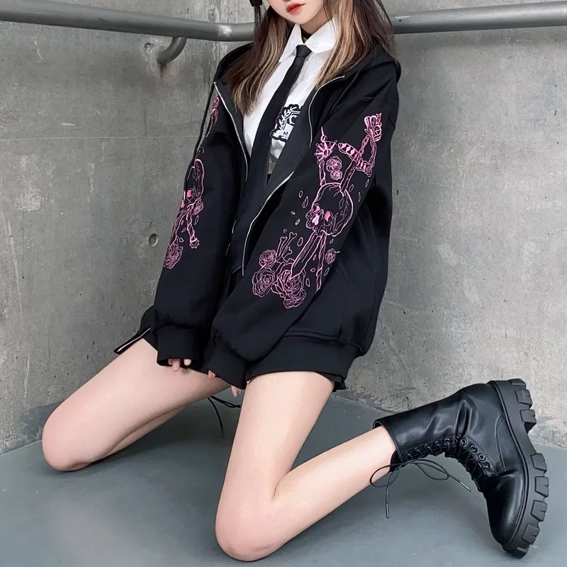 

Dark skull Hoodie Autumn Winter Women Japanese Harajuku Gothic Punk Style Embroider Loose Baseball Jacket Fashion Goth Coat y2k