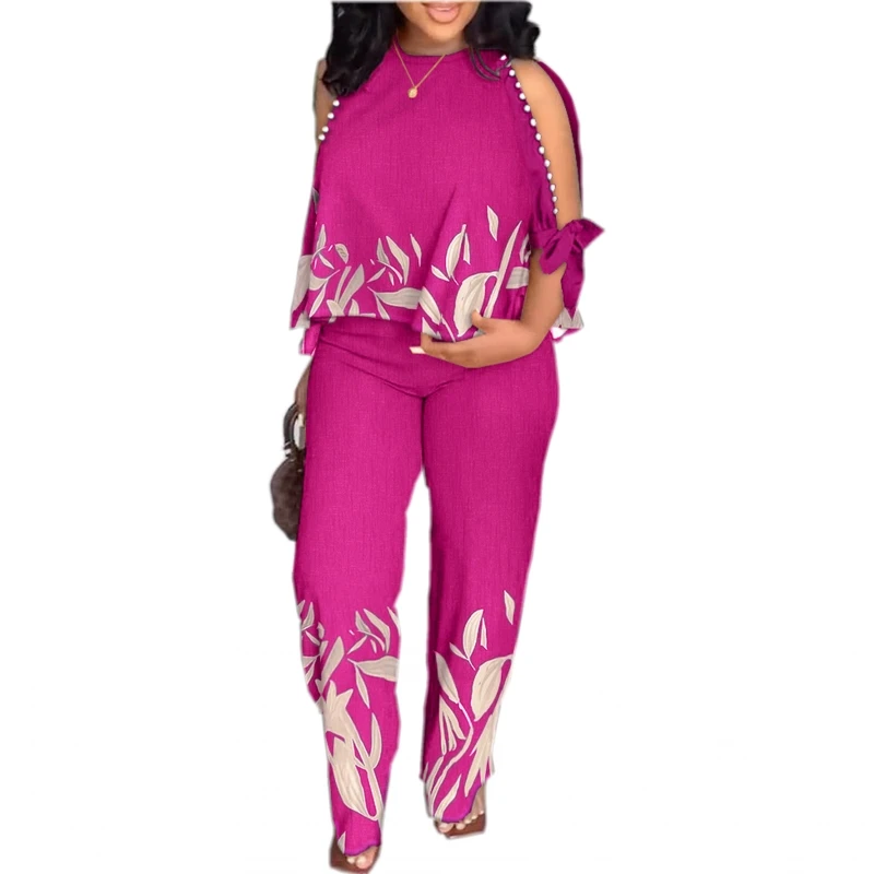 

Summer Women's Casual Printing Hollow Out Sleeve Round Neck Loose Top Elastic High Waist Wide Leg Pants Fashion Two Piece Set