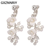 handmade ceramic flower clip on earrings for women accessories pearl fashion drop earring party jewelry prom bridesmaid gift