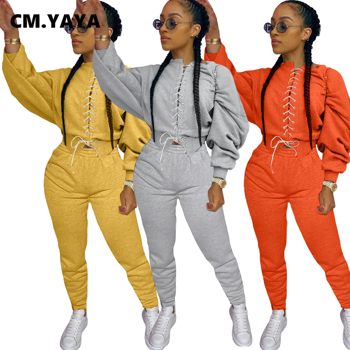 

Женский спортивный костюм CM.YAYA, Свитшот со шнуровкой и штаны для бега, спортивный костюм из двух предметов, спортивный костюм для активного ...