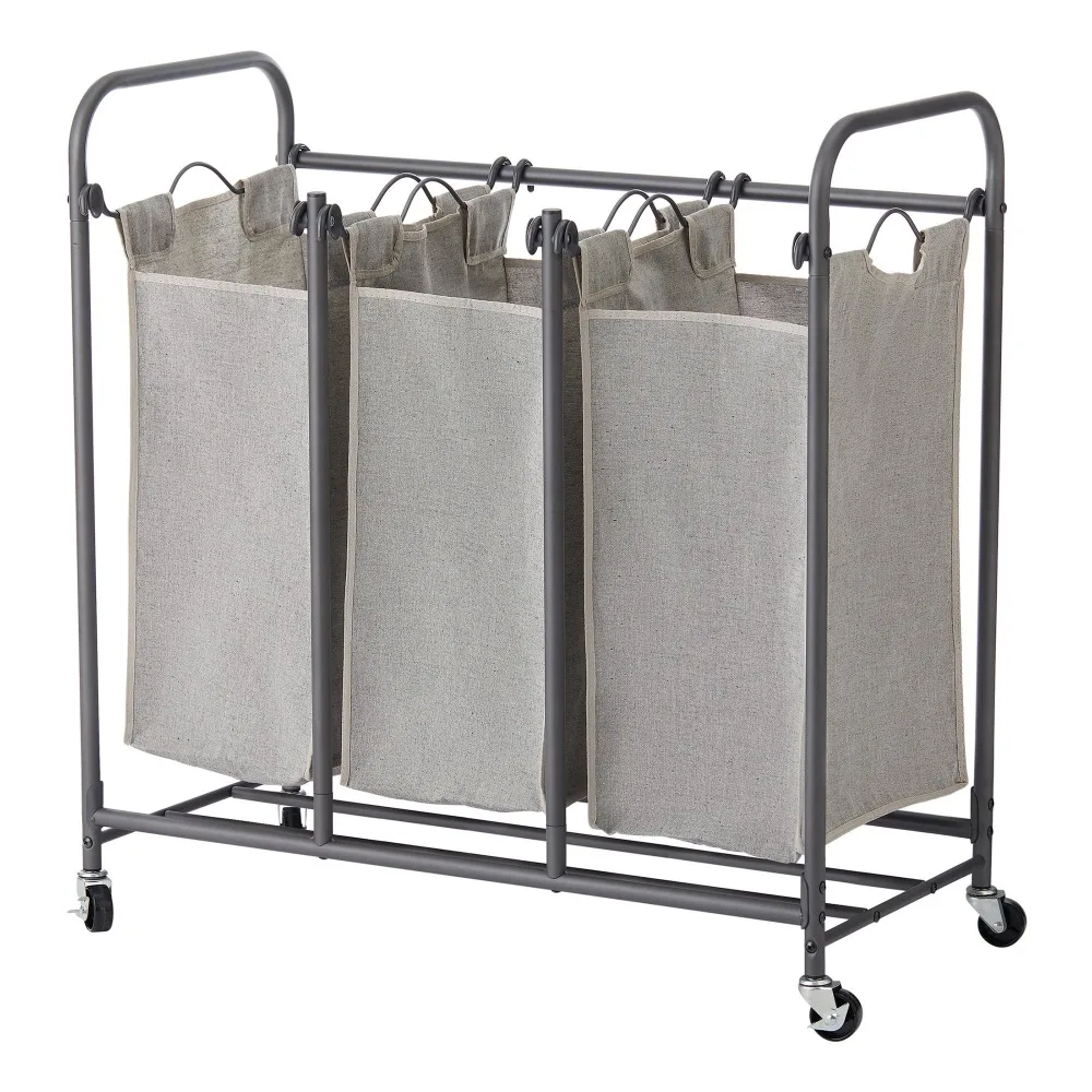

Oversized 3 Bag Wheeled Laundry Sorter Made of Durable Polyester Fiber, Cotton, and Steel