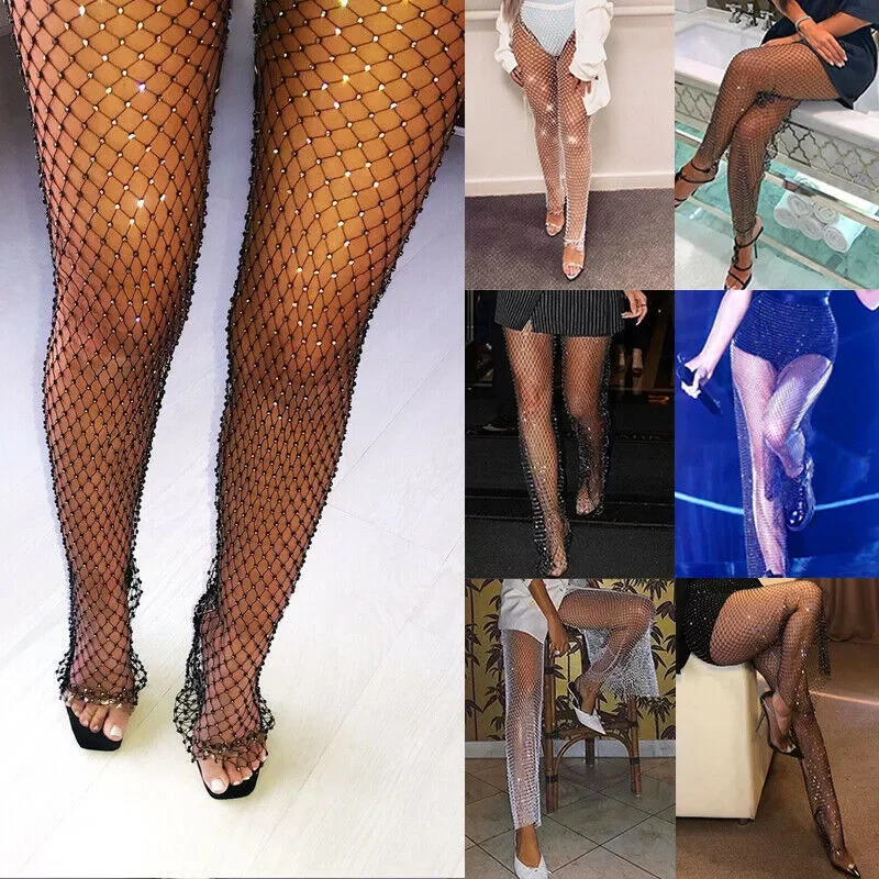 New in Diamond Shiny Women Leggings Pants Sexy Elastic Fishnet Long Trouser See Through Hollow Out High Waist Leggings Clubwear