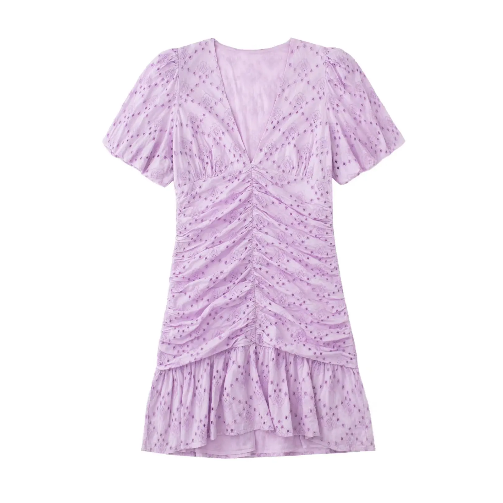 

2022 Women Fashion Hollow Out Poplin Midi Dress Vintage V Neck Short Puff Sleeves Female Dresses Vestidos Mujer