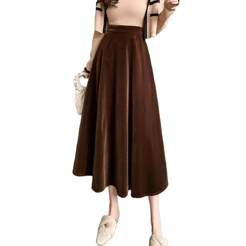 

Wisher&Tong 2022 Autumn Winter Long Skirts Vintage High Waist A-line Korean Fashion Velvet Black Maxi Skirt Jupe Hiver Femme