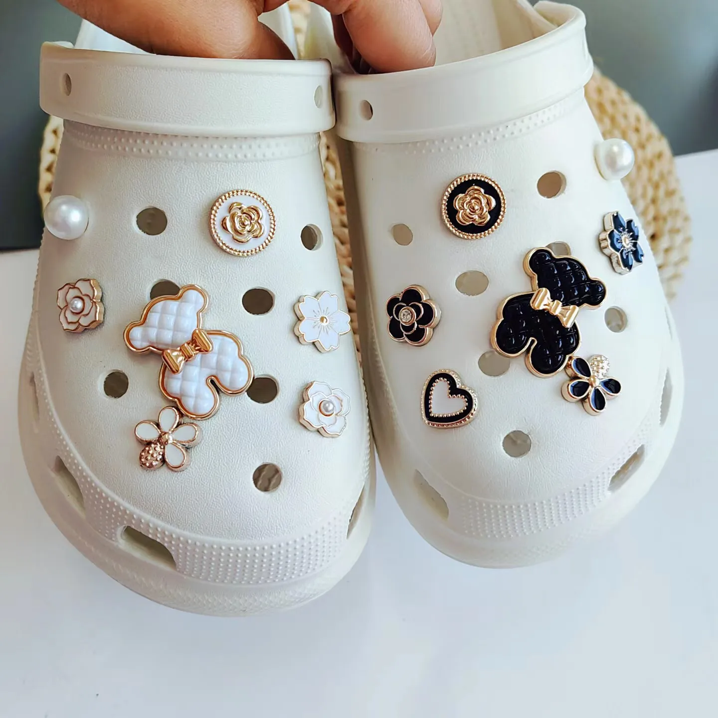 Cute Black White Bear Silver Crocs Charms Fit Jibbitz Shoes Crocs Accessories Set for Girls Boys Kids Women Decoration Cool