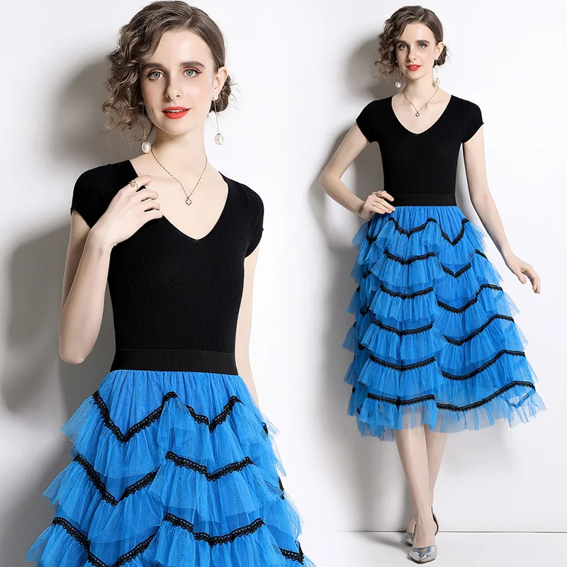 

Summer 2 Piece Set Dress 2022 Short Sleeve Knitted Tops and Mesh Tiered Skirt Fashion Two Piece Set Women Design Matching Sets