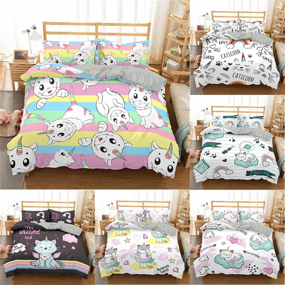 

Unicorn Cats 2/3pcs Bedding Set Cartoon Animal Duvet Cover For Adult Kids Bedclothes And Pillowcases Comforter Covers Sets