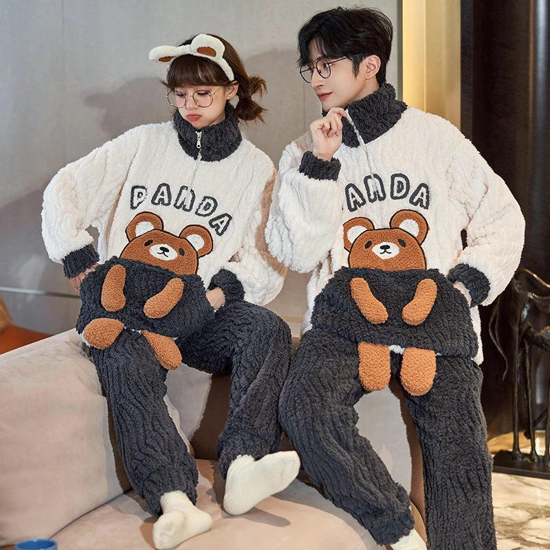 

QUHENG Winter Couple Pajamas Set Plush Soft Thicken Sleepwear Korean Women Men Loose Homewear Cartoon Home Pyjamas Suits