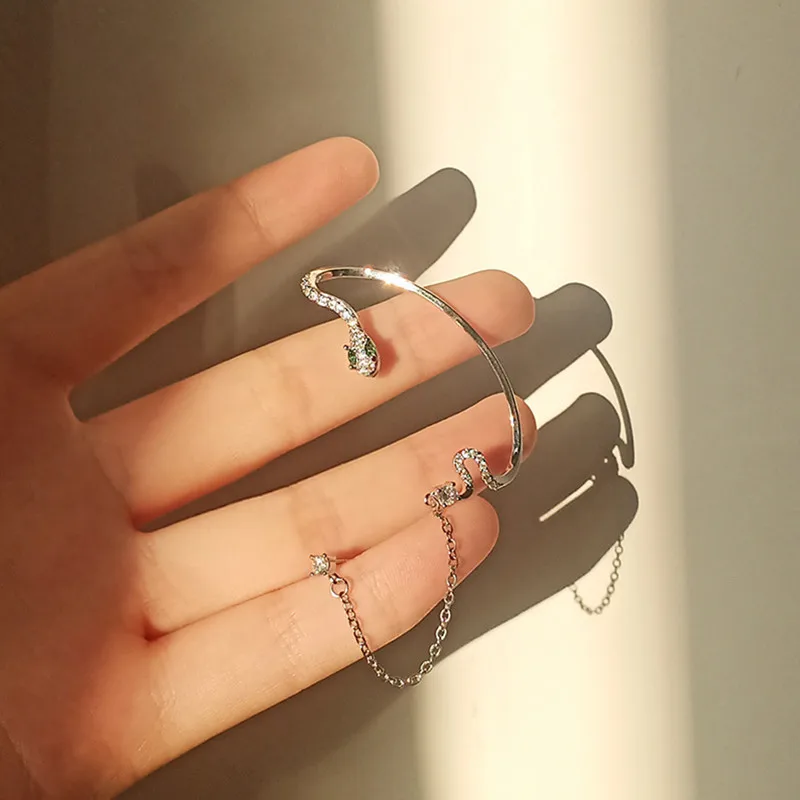 1Pc Snake Ear Cuffs For Women Punk Gothic Earrings Shiny Zircon Earcuff Rock Fake Piercing Green Eyes Earring Jewelry