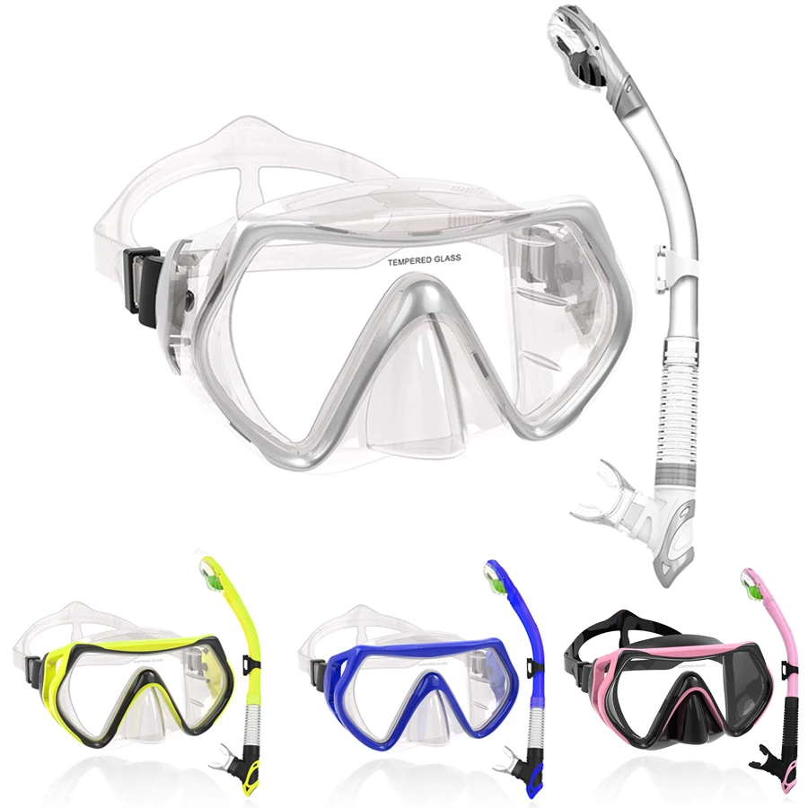 

Snorkel Set Adult, Anti-Leak Snorkel Mask Gear, Panoramic Scuba Mask, Dry Top Snorkeling Set for Women Man Diving Mask Set