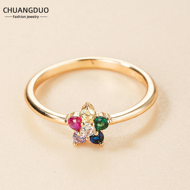 

New Korean Hot Sale Simplicity Rainbow Flower Finger Ring Fashion Ladies Gold Color Plum Thin Rings CZ Jewelry Gift Wholesale