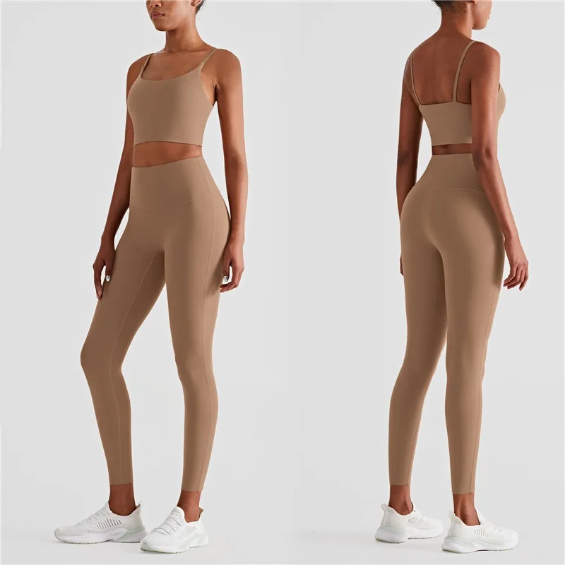 Solid Color Women Gym Fitness Yoga Set Back Cross Strap Crop Top Leggings 2pc Suit Soft Squat Proof Comprehensive Training Wear