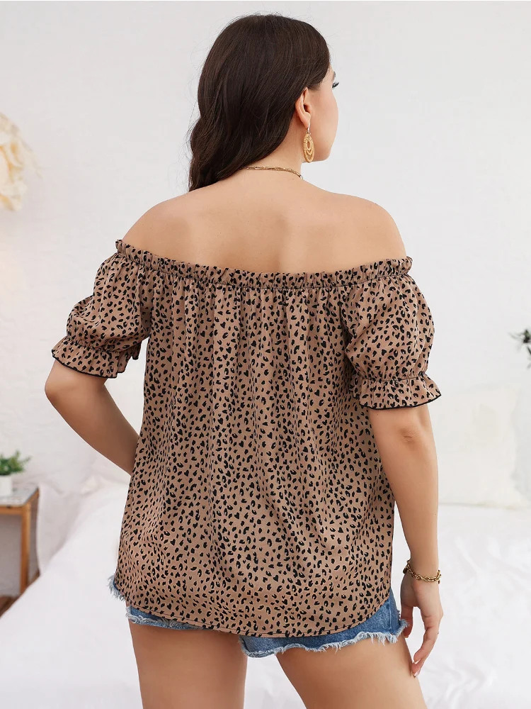 Women's Large Fashion Leopard Print Off Shoulder Bubble Sleeve T-shirt Top women plus size clothing