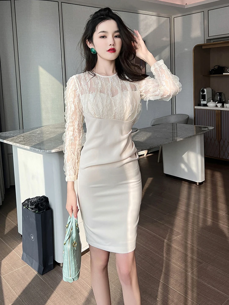 

Элегантное офисное платье, женское кружевное Прозрачное платье миди с круглым вырезом, соблазнительная уличная одежда, облегающее женское вечернее платье со складками и разрезом