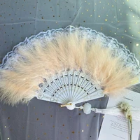 lolita feather folding fan japanese sweet fairy girl dark gothic court dance hand fan with pendant gift wedding party decoration