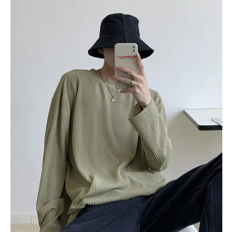 

Ice Silk Men O Neck Texture Autumn Winter Long Sleeve Men T Shirt Loose Korean Style Fashion Casual Clothes Oversized Tops B34