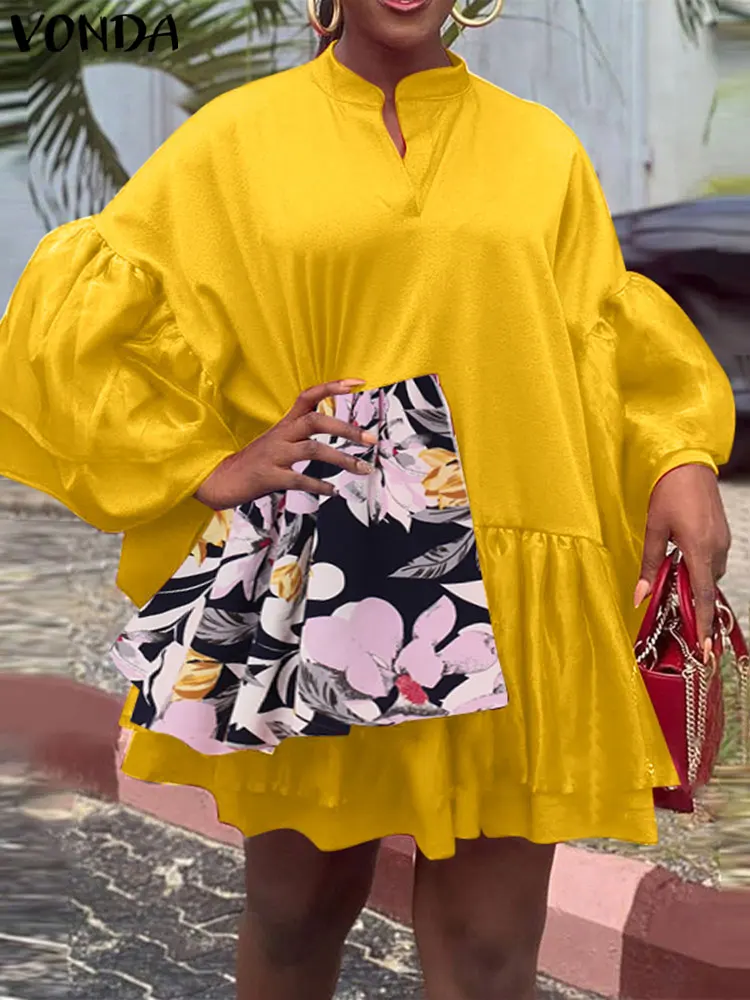 

VONDA 2022 женское мини-платье с пышными рукавами и V-образным вырезом, летнее повседневное Плиссированное Платье для вечеринки, Сексуальное Лос...