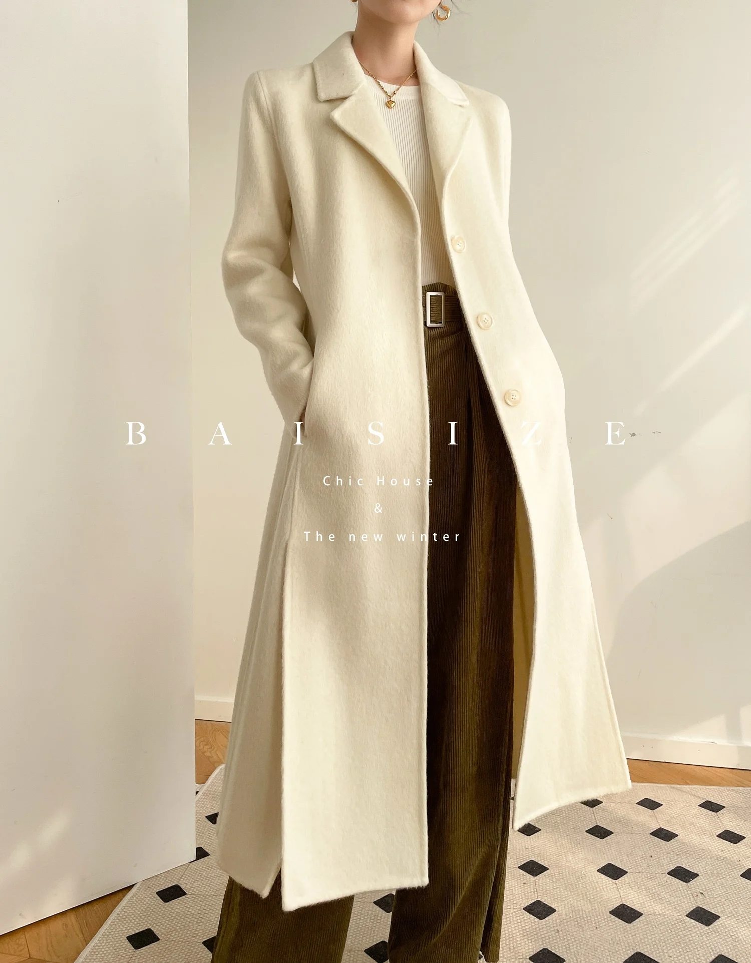 

High Count Rabbit Fleece Wool Waist Rollover Collar Wool Coat Medium Long Autumn/Winter Hepburn Style Over Knee Thickened Wool