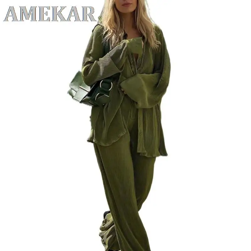 Женский брючный костюм из двух предметов элегантная зеленая блузка с длинным