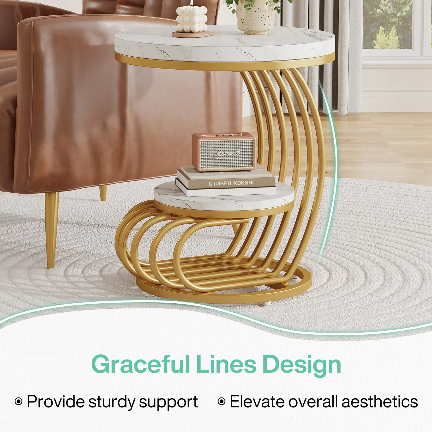 Золотой круглый столик Tribesigns: 2-х ярусный приставной из искусственного мрамора с