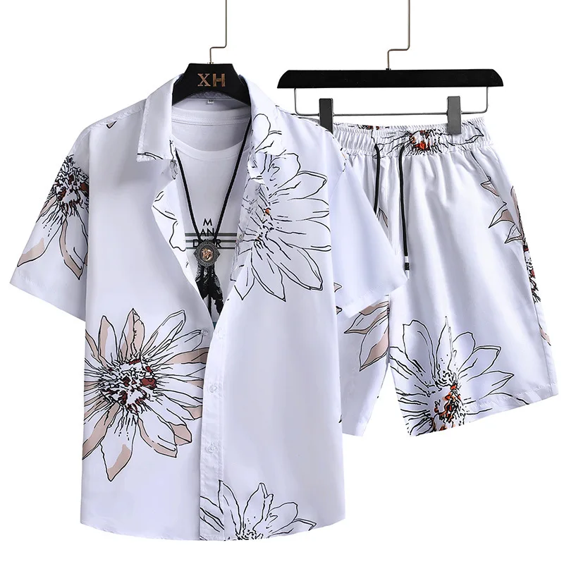 Floral Short-sleeved Shorts Shirt Suit For Men's Summer Oversized Five-half Sleeve Beach Two-piece Set
