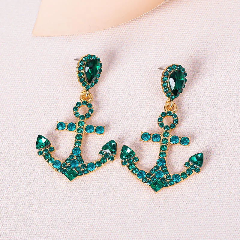 

New Retro Statement Full Colorful Rhinestone Anchor Shaped Pendant Long Drop Earrings For Women Girls Fashion Jewelry Wholesale